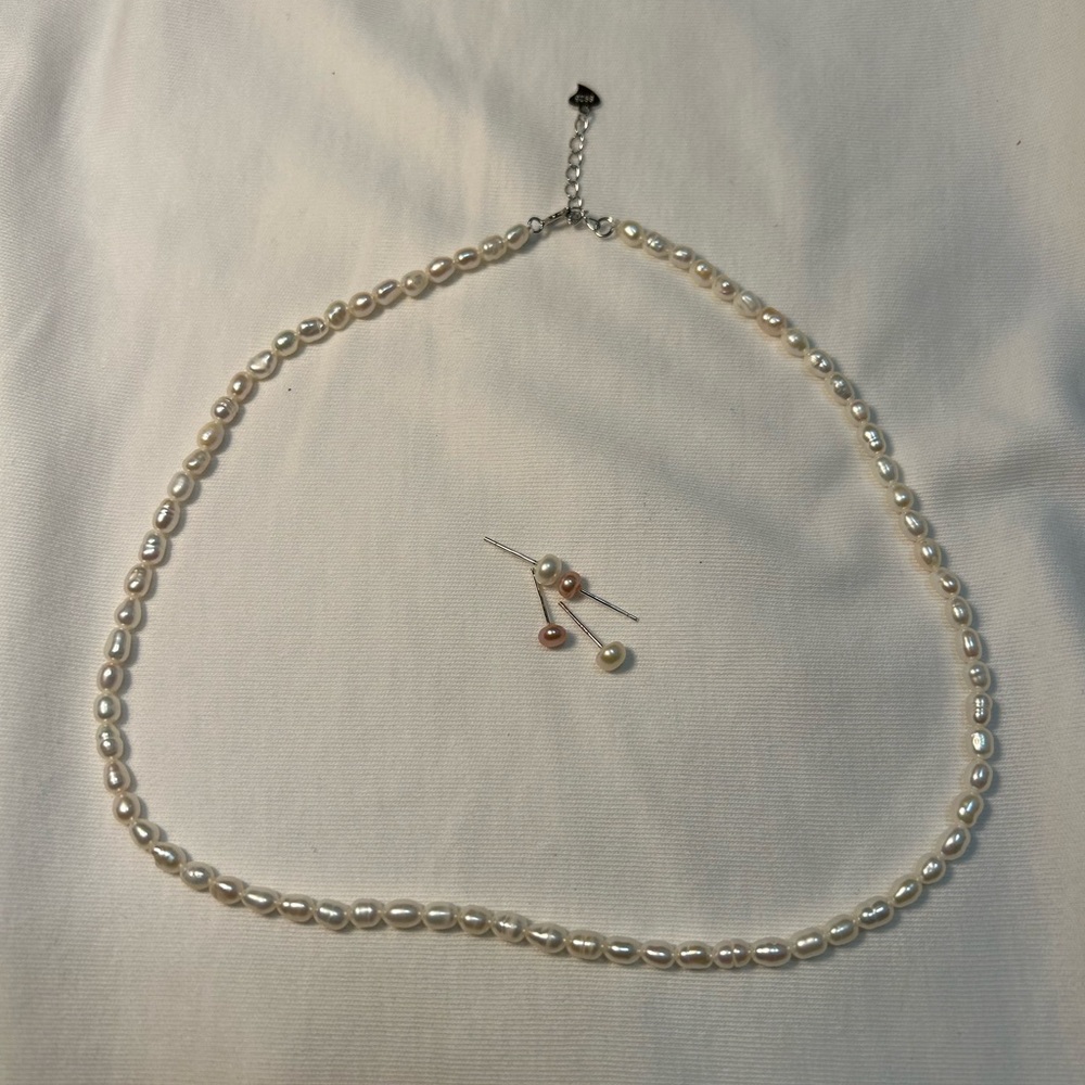 Brand new S925 baby freshwater pearls earrings and rice pearls necklace